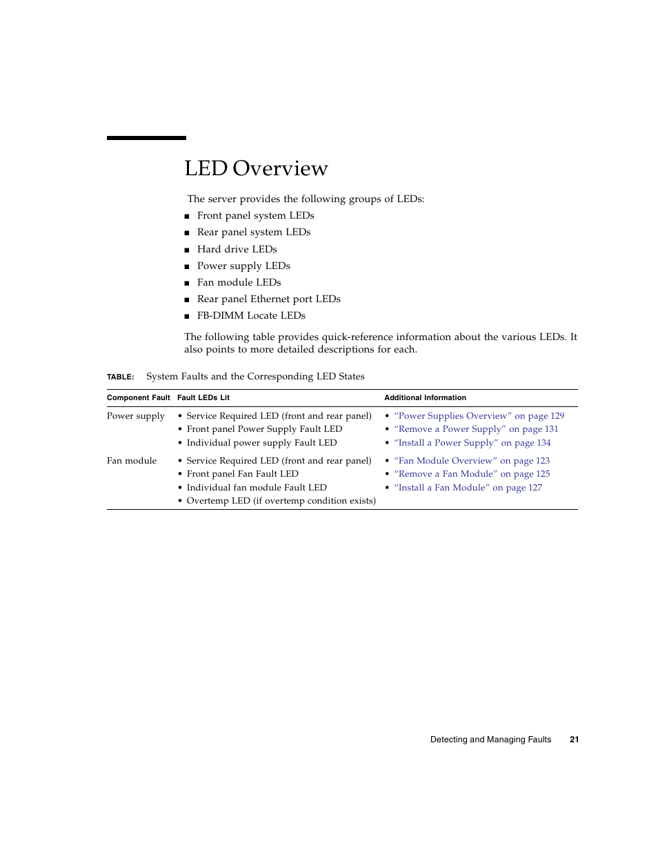 Led overview | FUJITSU SPARC T5120 User Manual | Page 47 / 240