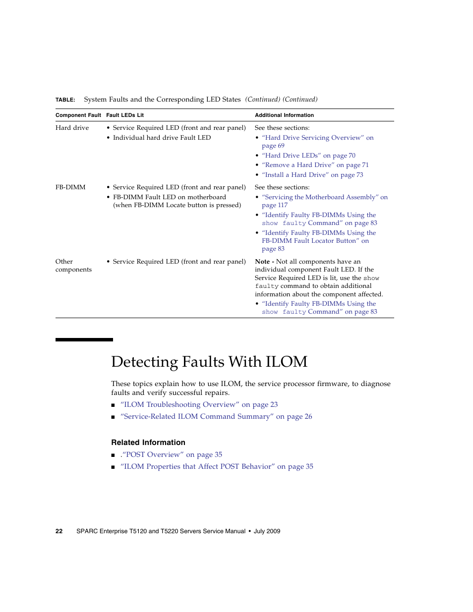 Detecting faults with ilom, Related information | FUJITSU SPARC T5120 User Manual | Page 48 / 240