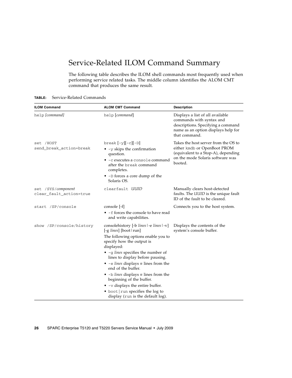 Service-related ilom command summary | FUJITSU SPARC T5120 User Manual | Page 52 / 240
