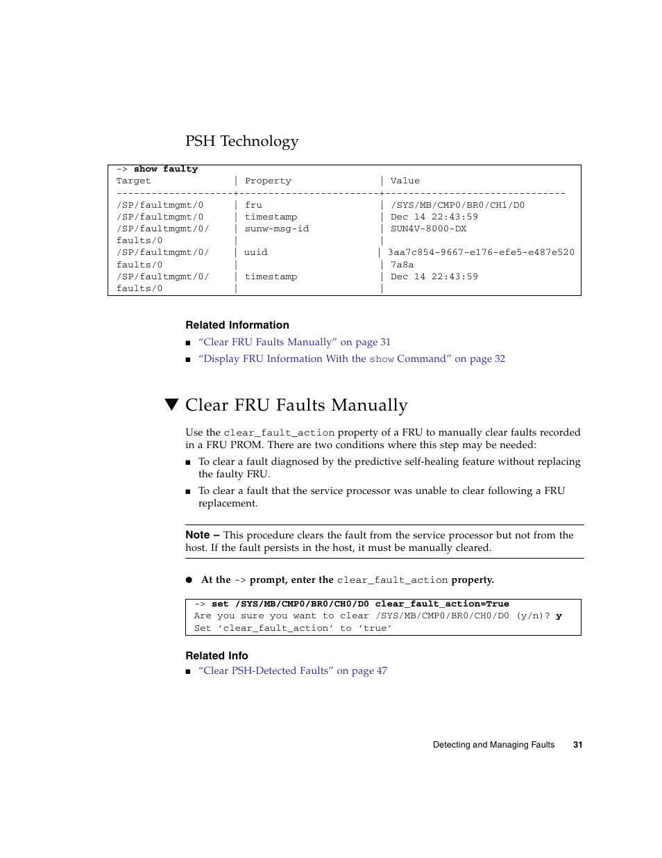 Related information, Clear fru faults manually, Related info | Psh technology | FUJITSU SPARC T5120 User Manual | Page 57 / 240