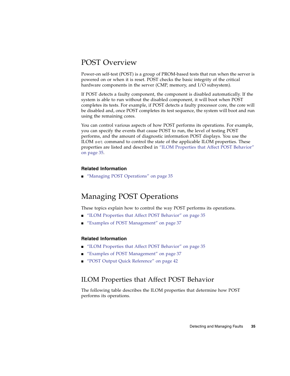 Post overview, Related information, Managing post operations | Ilom properties that affect post behavior | FUJITSU SPARC T5120 User Manual | Page 61 / 240