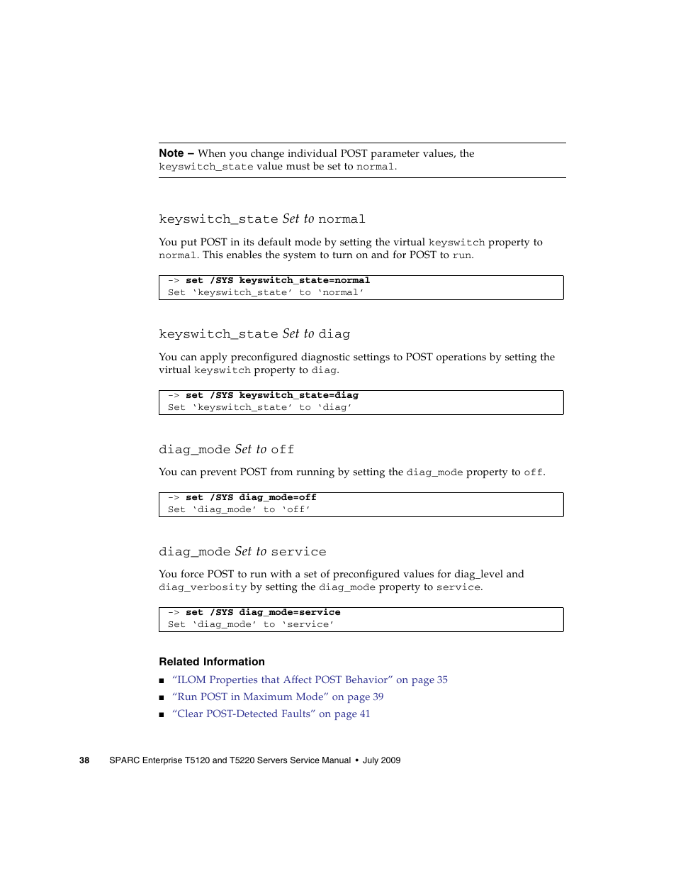 Keyswitch_state set to normal, Keyswitch_state set to diag, Diag_mode set to off | Diag_mode set to service, Related information, Keyswitch_state, Set to, Diag_mode | FUJITSU SPARC T5120 User Manual | Page 64 / 240