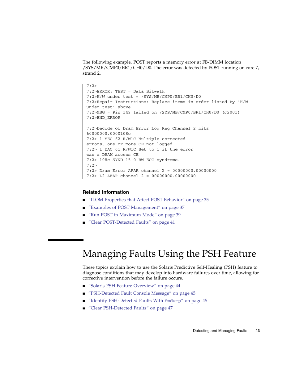 Related information, Managing faults using the psh feature | FUJITSU SPARC T5120 User Manual | Page 69 / 240