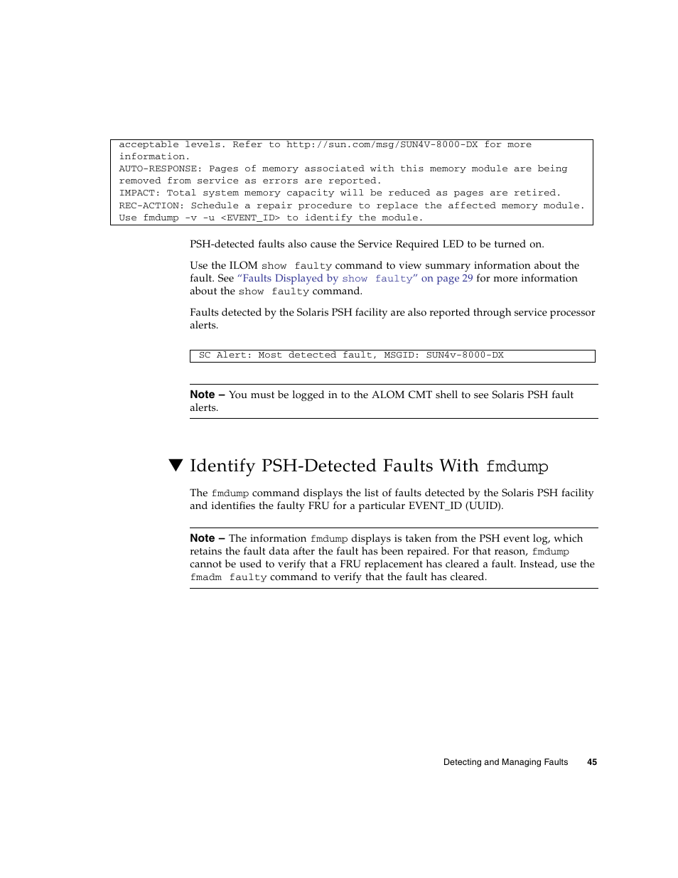 Identify psh-detected faults with fmdump, Identify psh-detected faults with | FUJITSU SPARC T5120 User Manual | Page 71 / 240