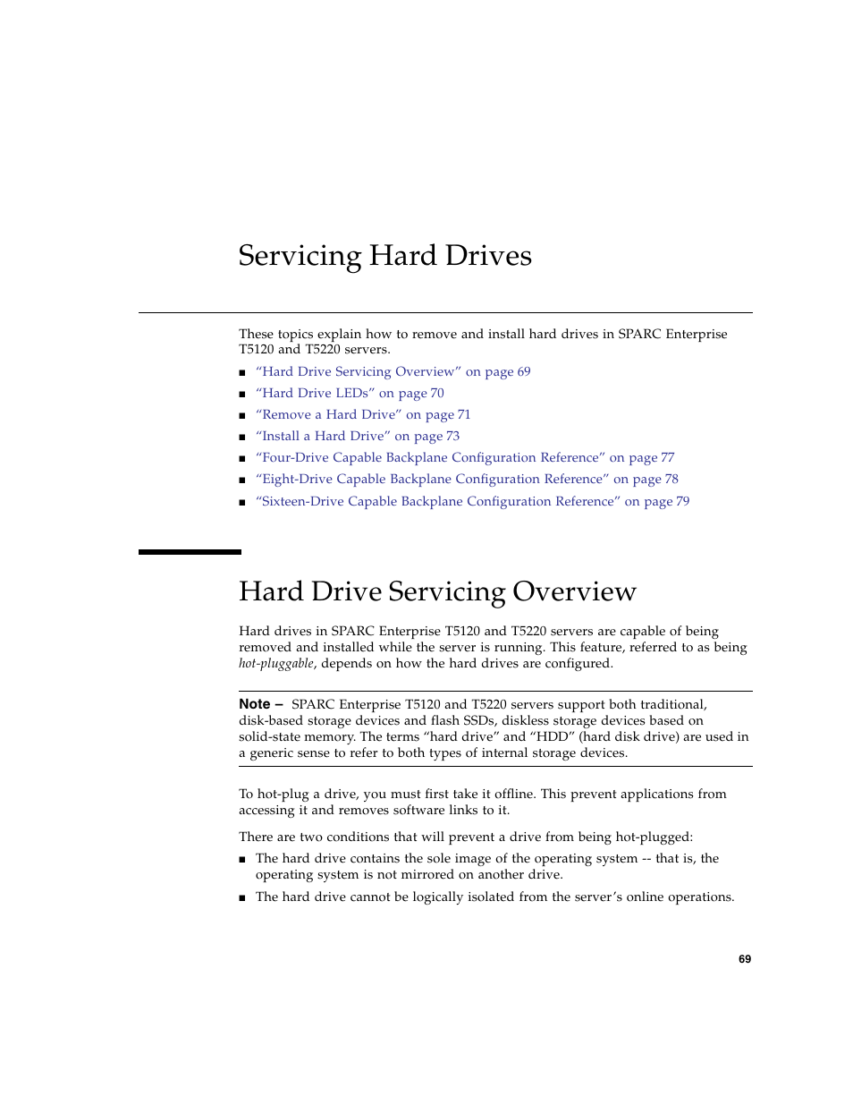 Servicing hard drives, Hard drive servicing overview | FUJITSU SPARC T5120 User Manual | Page 95 / 240