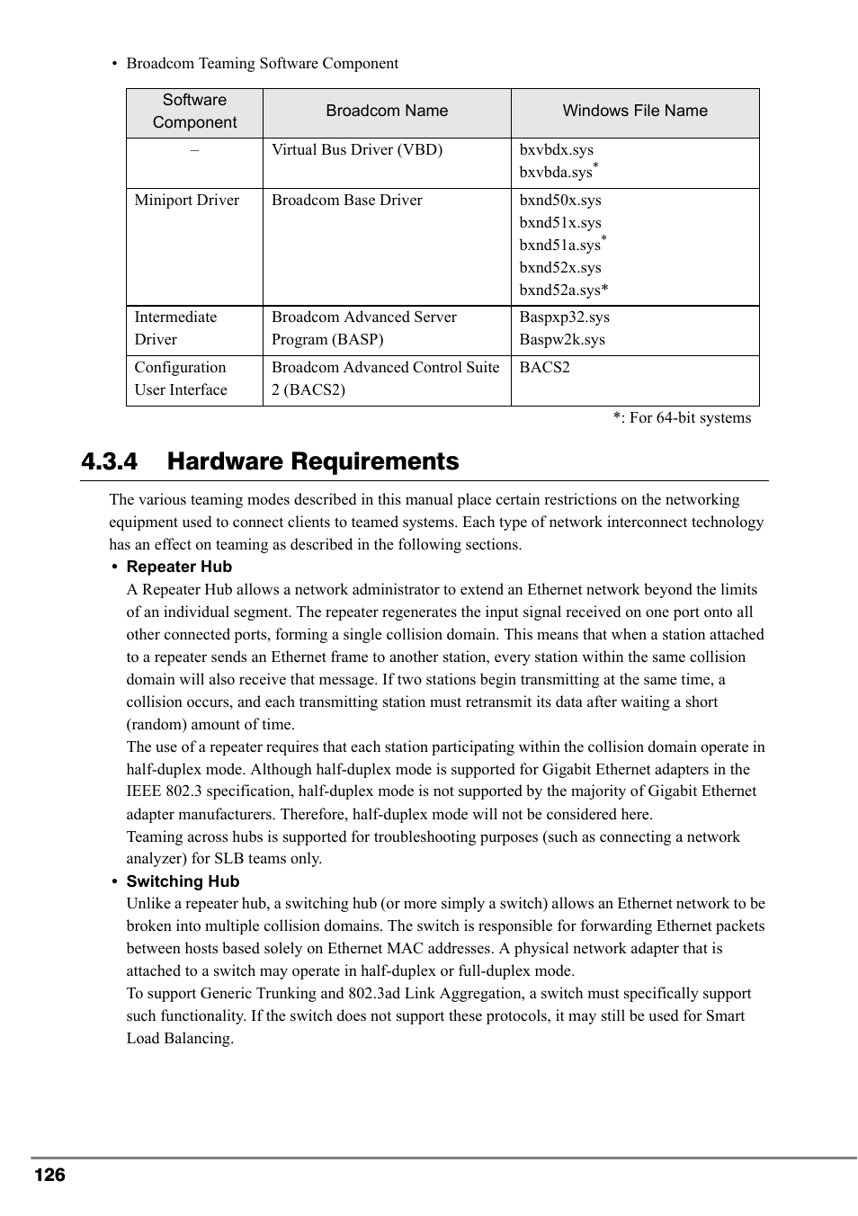 Broadcom teaming software component, Pg.126), 4 hardware requirements | FUJITSU PG-FCS102 User Manual | Page 26 / 98