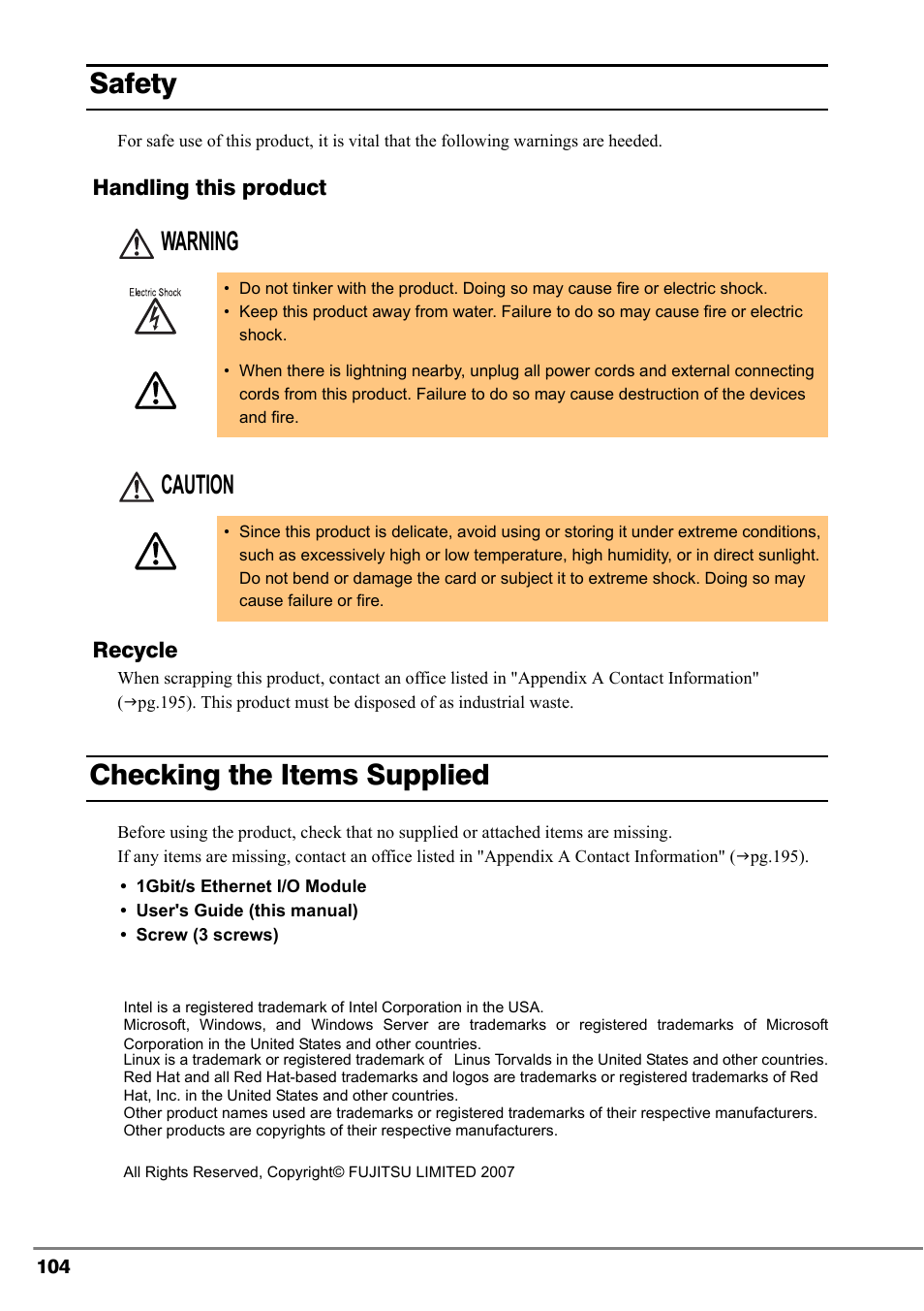 Safety, Checking the items supplied, Warning caution | FUJITSU PG-FCS102 User Manual | Page 4 / 98