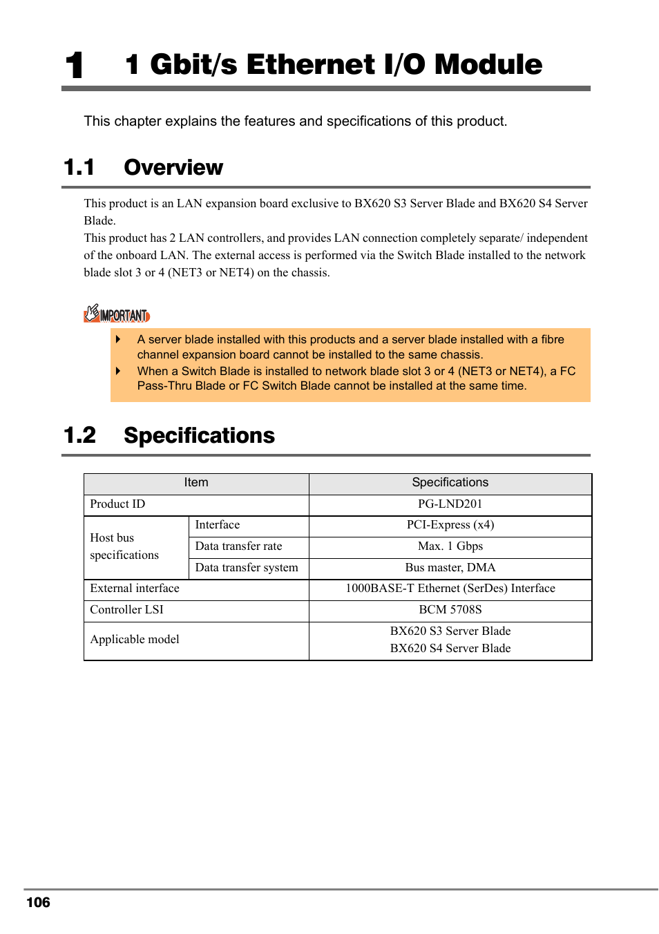 1 1 gbit/s ethernet i/o module, 1 overview, 2 specifications | Overview, Specifications, 1 gbit/s ethernet i/o module | FUJITSU PG-FCS102 User Manual | Page 6 / 98