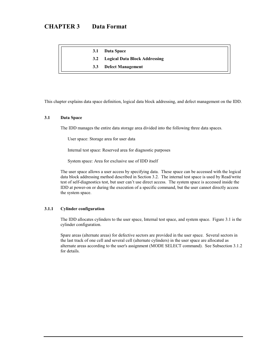 Chapter 3 data format, 1 data space, 1 cylinder configuration | FUJITSU MAS3367FC User Manual | Page 37 / 114