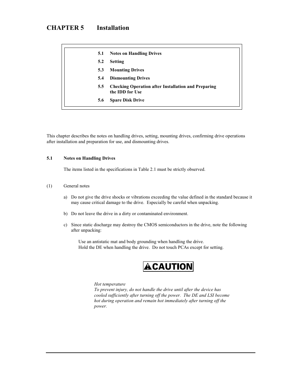 Chapter 5 installation, 1 notes on handling drives | FUJITSU MAS3367FC User Manual | Page 63 / 114