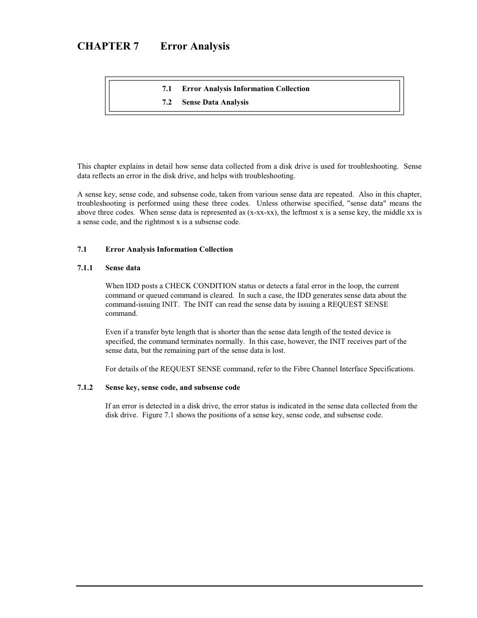 Chapter 7 error analysis, 1 error analysis information collection, 1 sense data | 2 sense key, sense code, and subsense code | FUJITSU MAS3367FC User Manual | Page 95 / 114