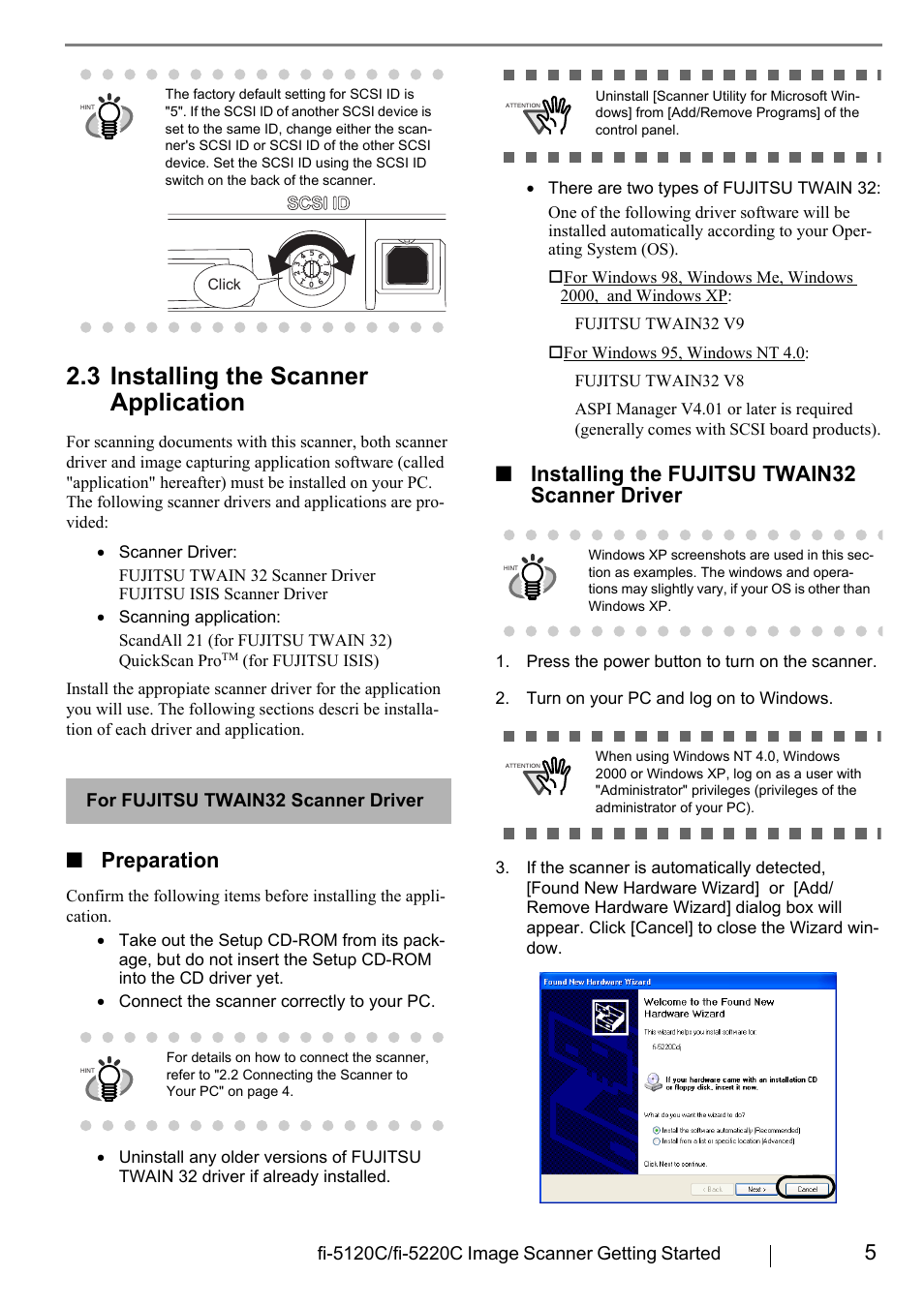 3 installing the scanner application, Preparation, Installing the fujitsu twain32 scanner driver | For fujitsu twain32 scanner driver | FUJITSU fi-5120C User Manual | Page 13 / 28