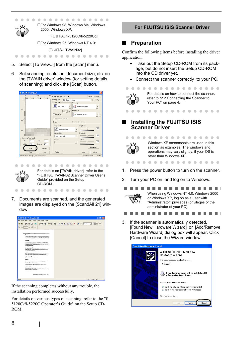 Preparation, Installing the fujitsu isis scanner driver, For fujitsu isis scanner driver | FUJITSU fi-5120C User Manual | Page 16 / 28