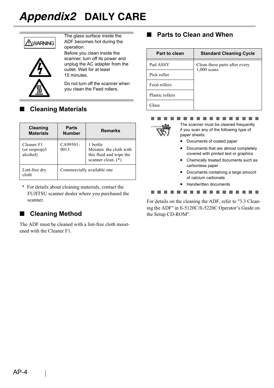 Appendix2 daily care, Appendix2 daily, Appendix2 | Daily care, Ap-4, Cleaning materials, Cleaning method, Parts to clean and when | FUJITSU fi-5120C User Manual | Page 26 / 28