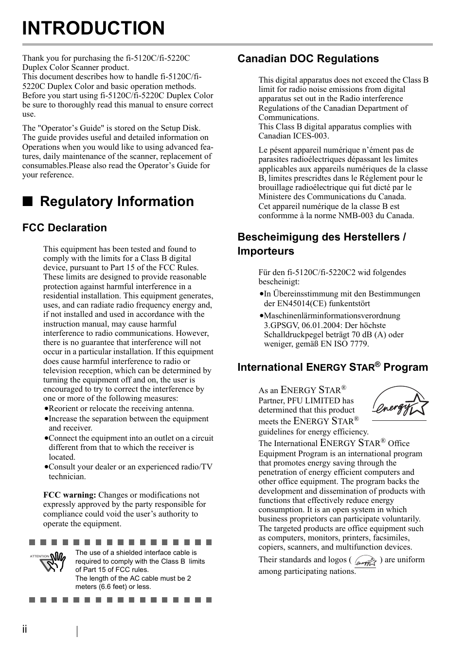 Introduction, Regulatory information, Fcc declaration | Canadian doc regulations, Bescheimigung des herstellers / importeurs, International e, Program | FUJITSU fi-5120C User Manual | Page 4 / 28