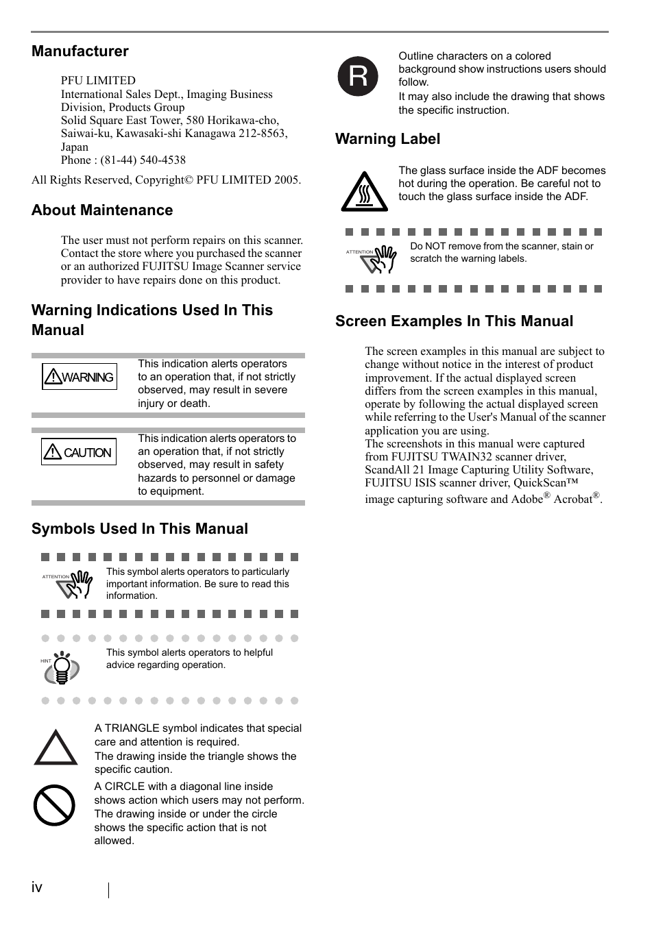 Iv manufacturer, About maintenance, Screen examples in this manual | FUJITSU fi-5120C User Manual | Page 6 / 28