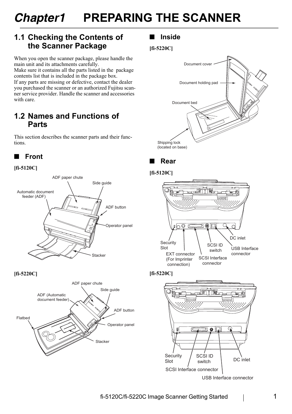 Chapter1 preparing the scanner, 1 checking the contents of the scanner package, 2 names and functions of parts | Chapter1, Preparing the scanner, Front, Inside, Rear | FUJITSU fi-5120C User Manual | Page 9 / 28