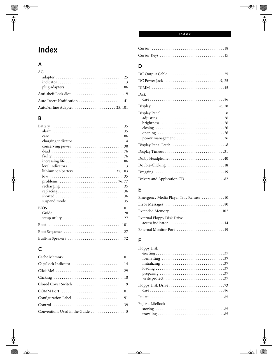 Index | FUJITSU LIFEBOOK C2111 User Manual | Page 113 / 116