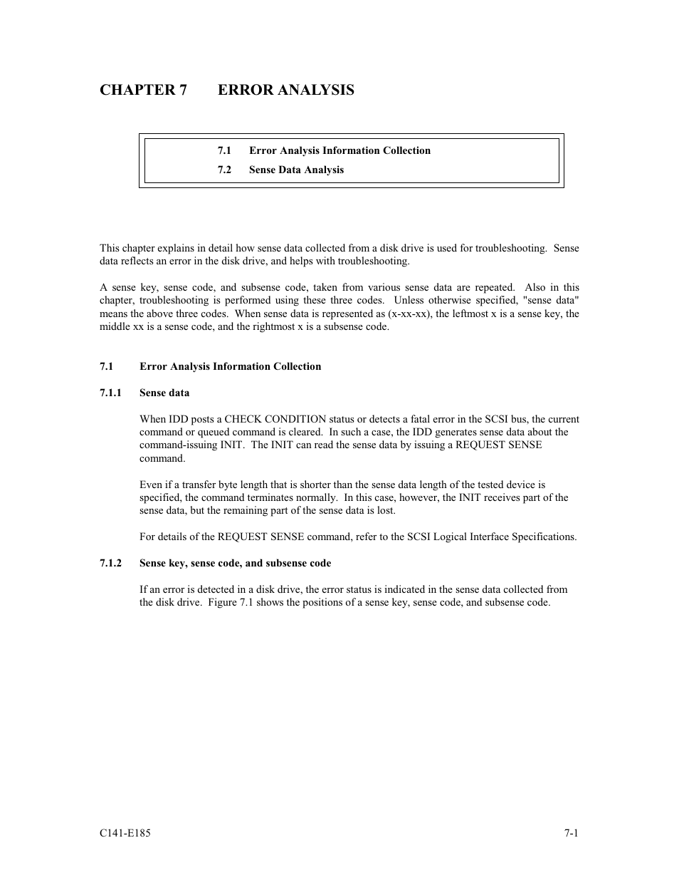 Chapter 7 error analysis, 1 error analysis information collection, 1 sense data | 2 sense key,sense code,and subsense code | FUJITSU C141-E185-01EN MAS3184NC/NP User Manual | Page 113 / 130