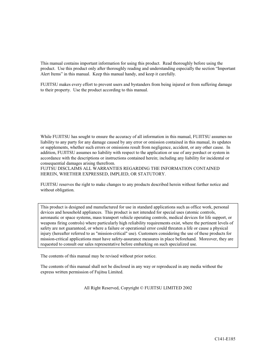 For safe operation | FUJITSU C141-E185-01EN MAS3184NC/NP User Manual | Page 2 / 130
