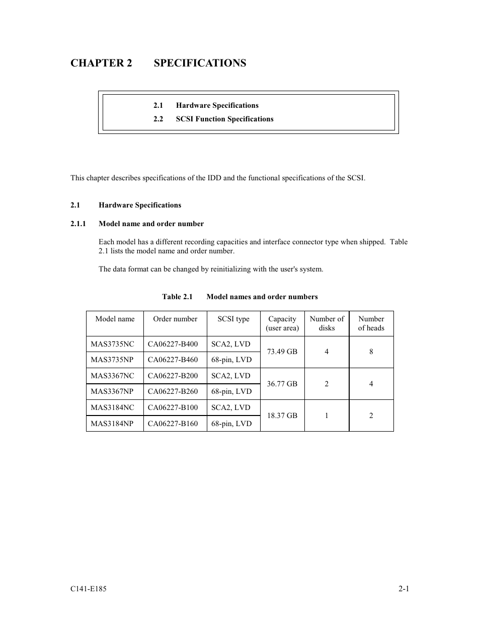 Chapter 2 specifications, 1 hardware specifications, 1 model name and order number | FUJITSU C141-E185-01EN MAS3184NC/NP User Manual | Page 27 / 130