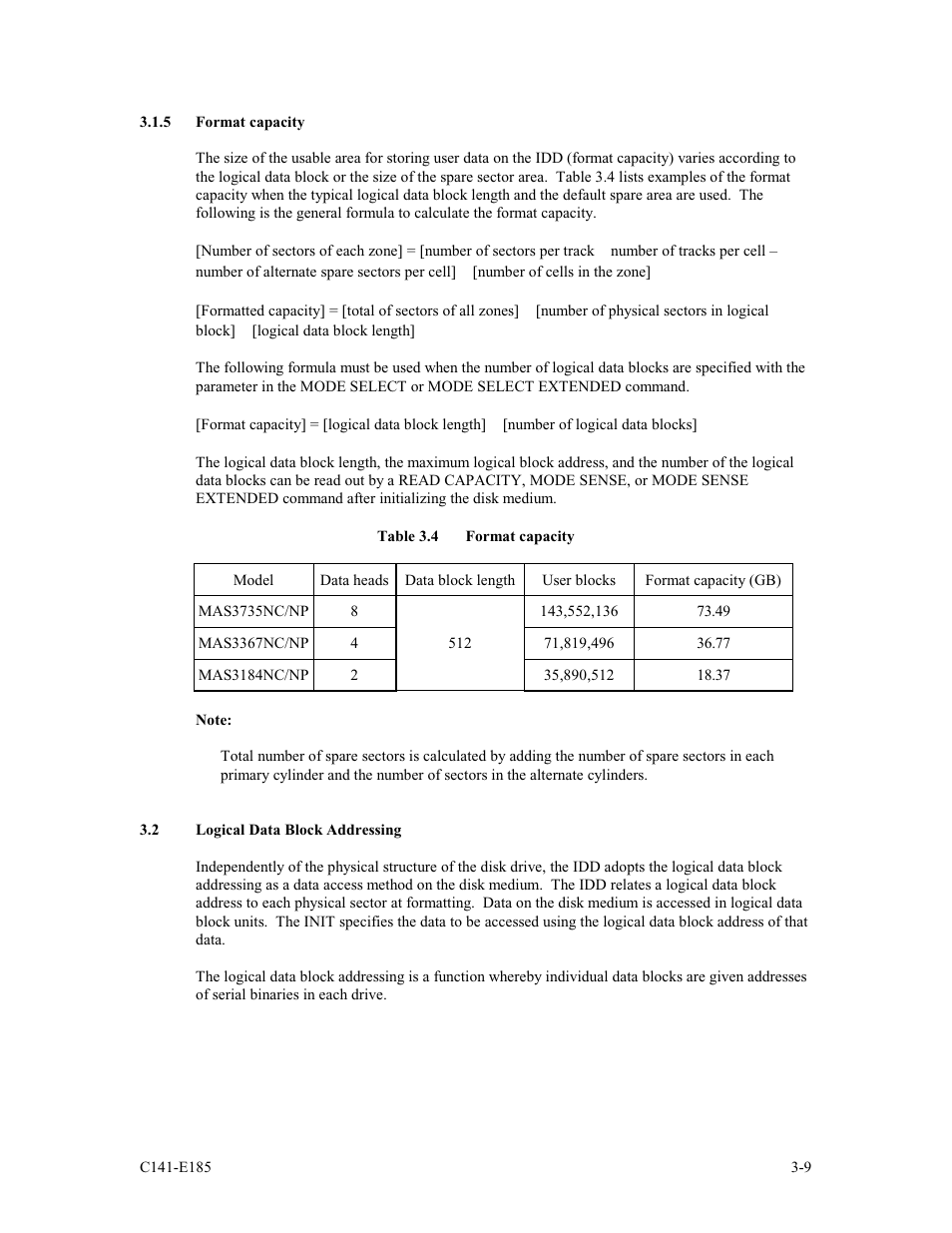 5 format capacity, 2 logical data block addressing | FUJITSU C141-E185-01EN MAS3184NC/NP User Manual | Page 43 / 130
