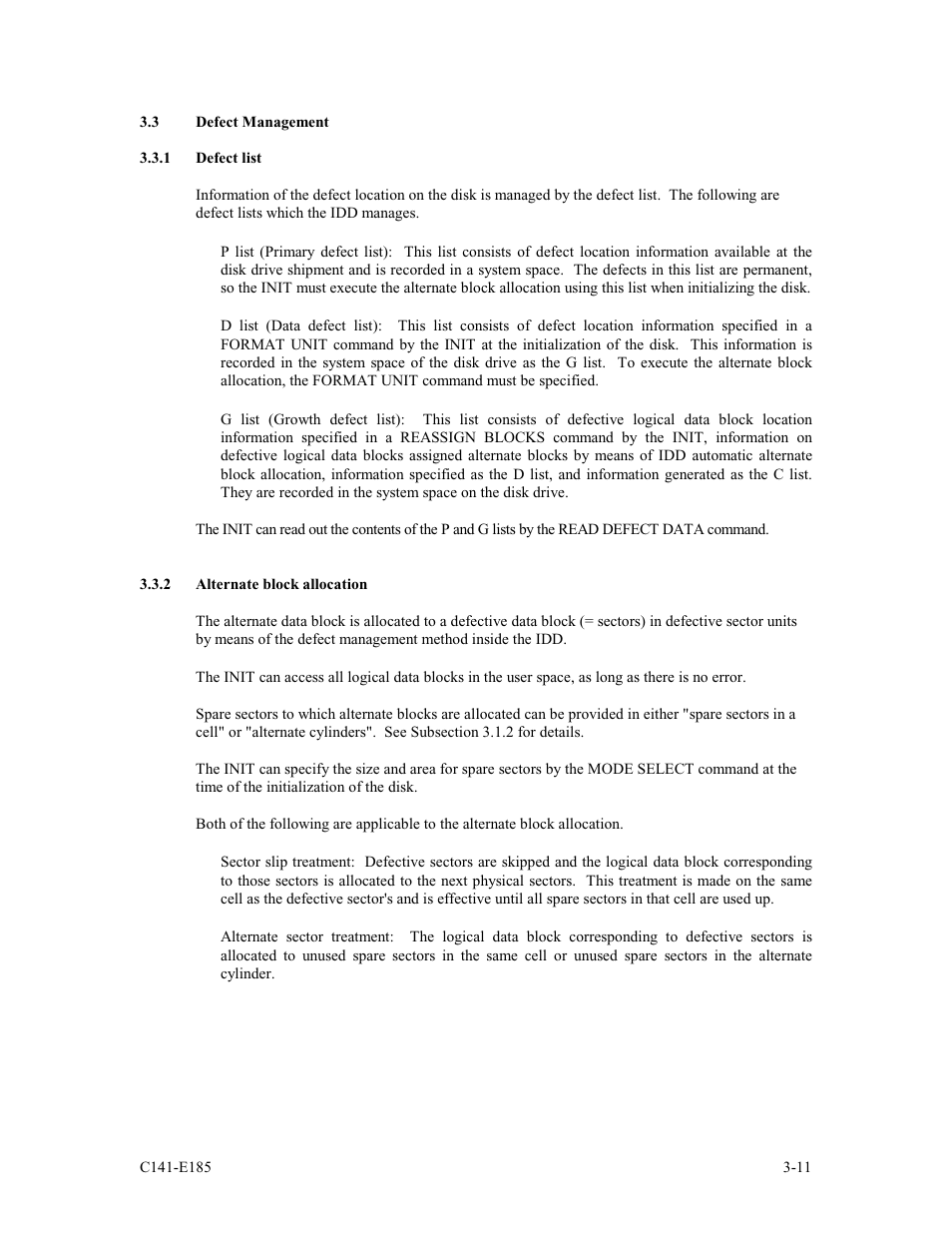 3 defect management, 1 defect list, 2 alternate block allocation | FUJITSU C141-E185-01EN MAS3184NC/NP User Manual | Page 45 / 130