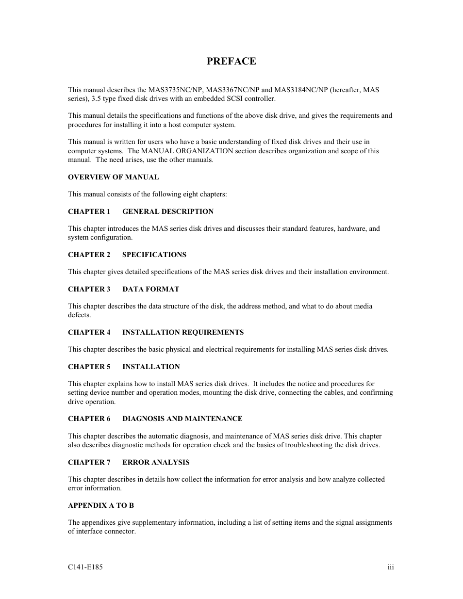Preface | FUJITSU C141-E185-01EN MAS3184NC/NP User Manual | Page 5 / 130