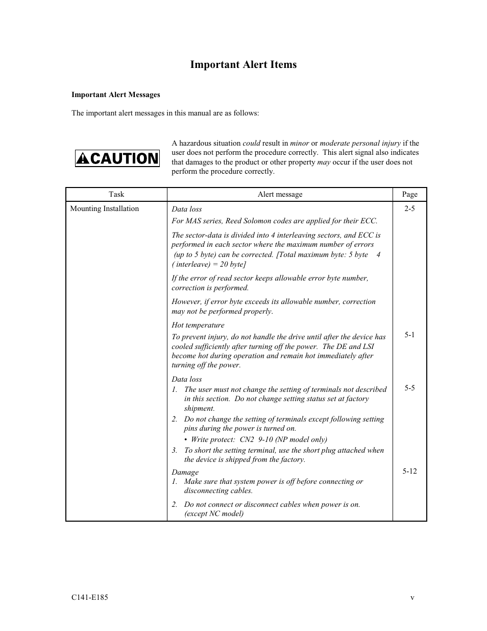 Important alert items | FUJITSU C141-E185-01EN MAS3184NC/NP User Manual | Page 7 / 130