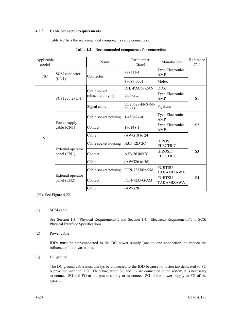 3 cable connector requirements | FUJITSU C141-E185-01EN MAS3184NC/NP User Manual | Page 70 / 130
