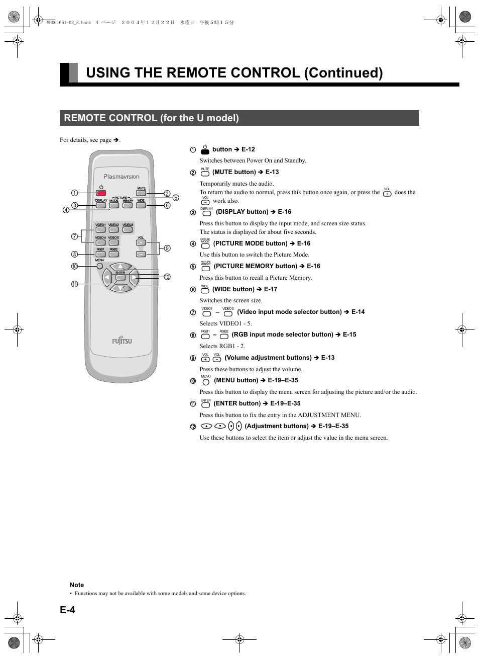 Remote control (for the u model), Using the remote control (continued), Cdef | FUJITSU plasmavision User Manual | Page 18 / 50