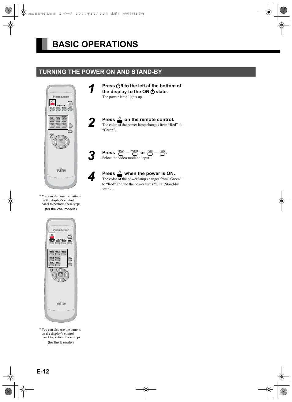 Basic operations, Turning the power on and stand-by, E-12 | FUJITSU plasmavision User Manual | Page 26 / 50
