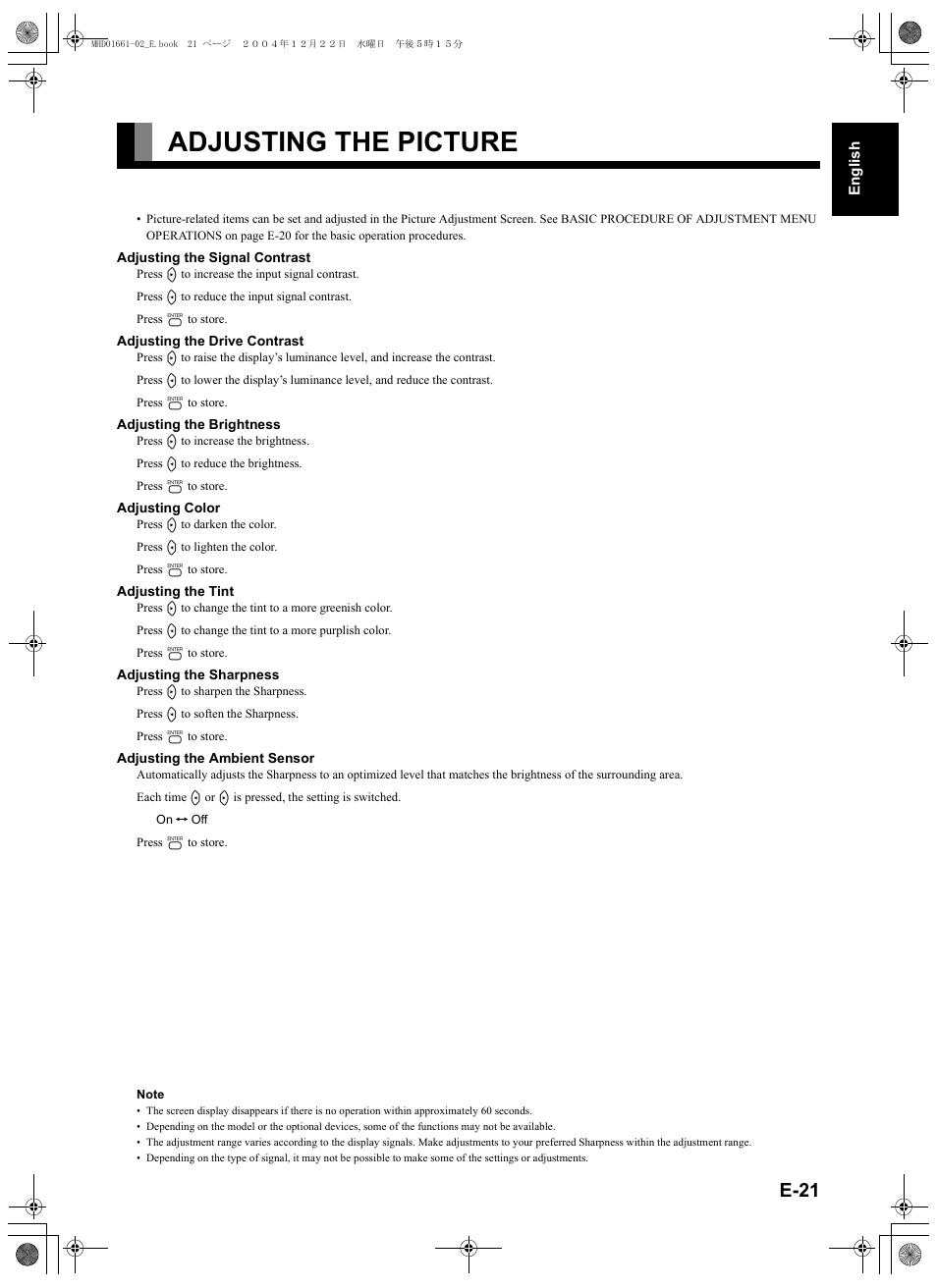 Adjusting the picture, E-21), E-21 | FUJITSU plasmavision User Manual | Page 35 / 50