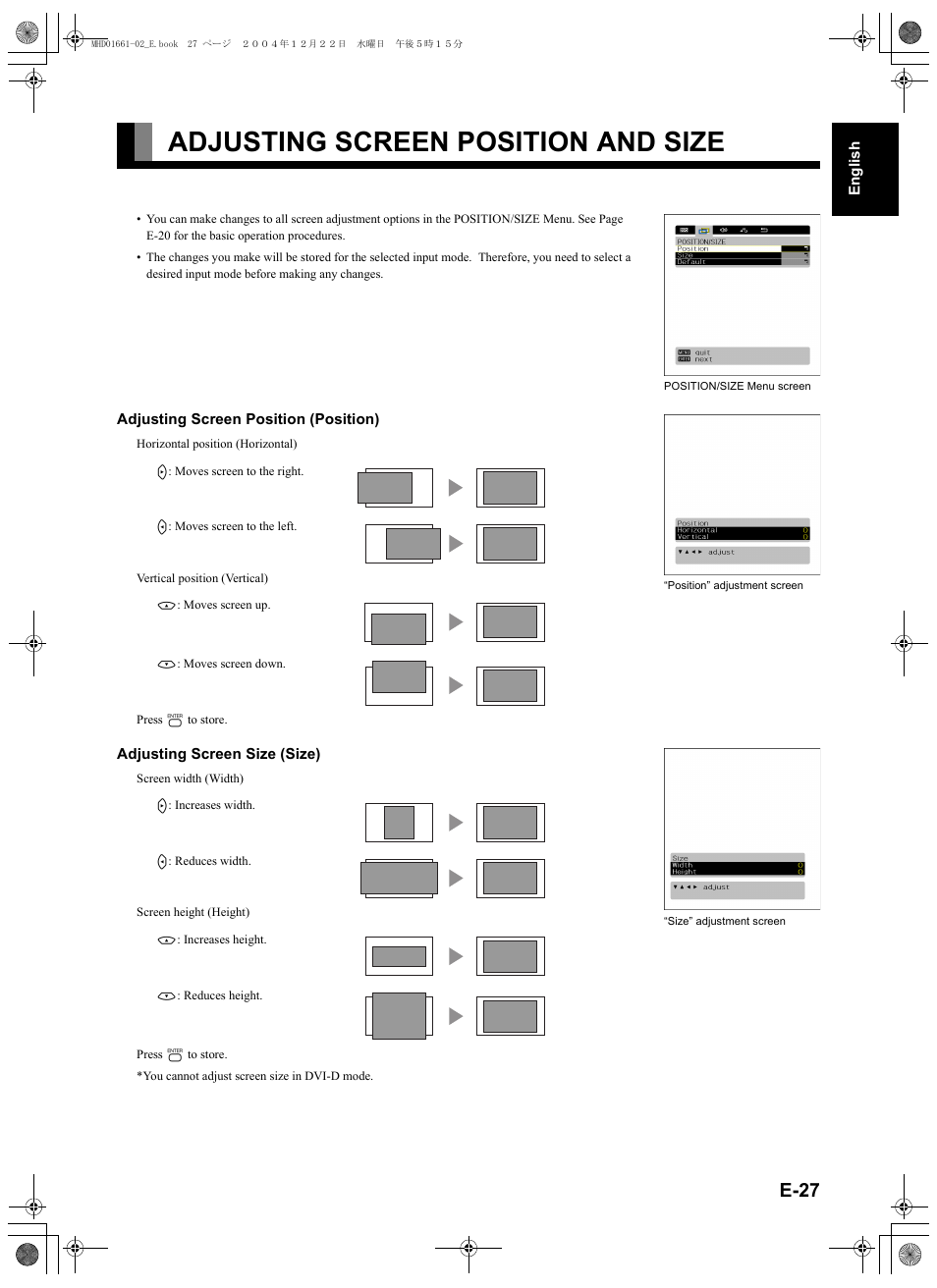 Adjusting screen position and size, E-27, E-27) | FUJITSU plasmavision User Manual | Page 41 / 50