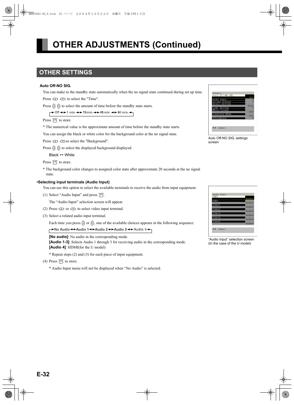 Other settings, E-32), E-32 | E-32–e, Other adjustments (continued) | FUJITSU plasmavision User Manual | Page 46 / 50