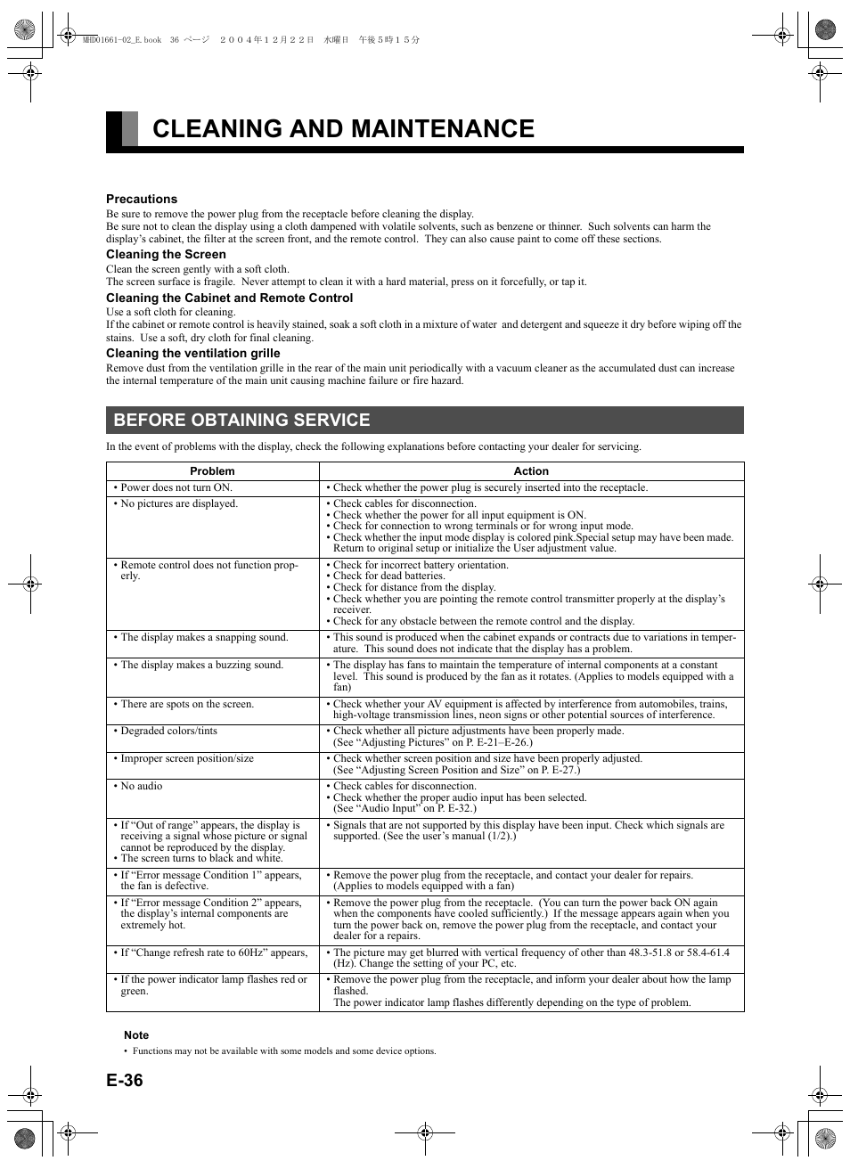 Cleaning and maintenance, Before obtaining service, E-36 | FUJITSU plasmavision User Manual | Page 50 / 50