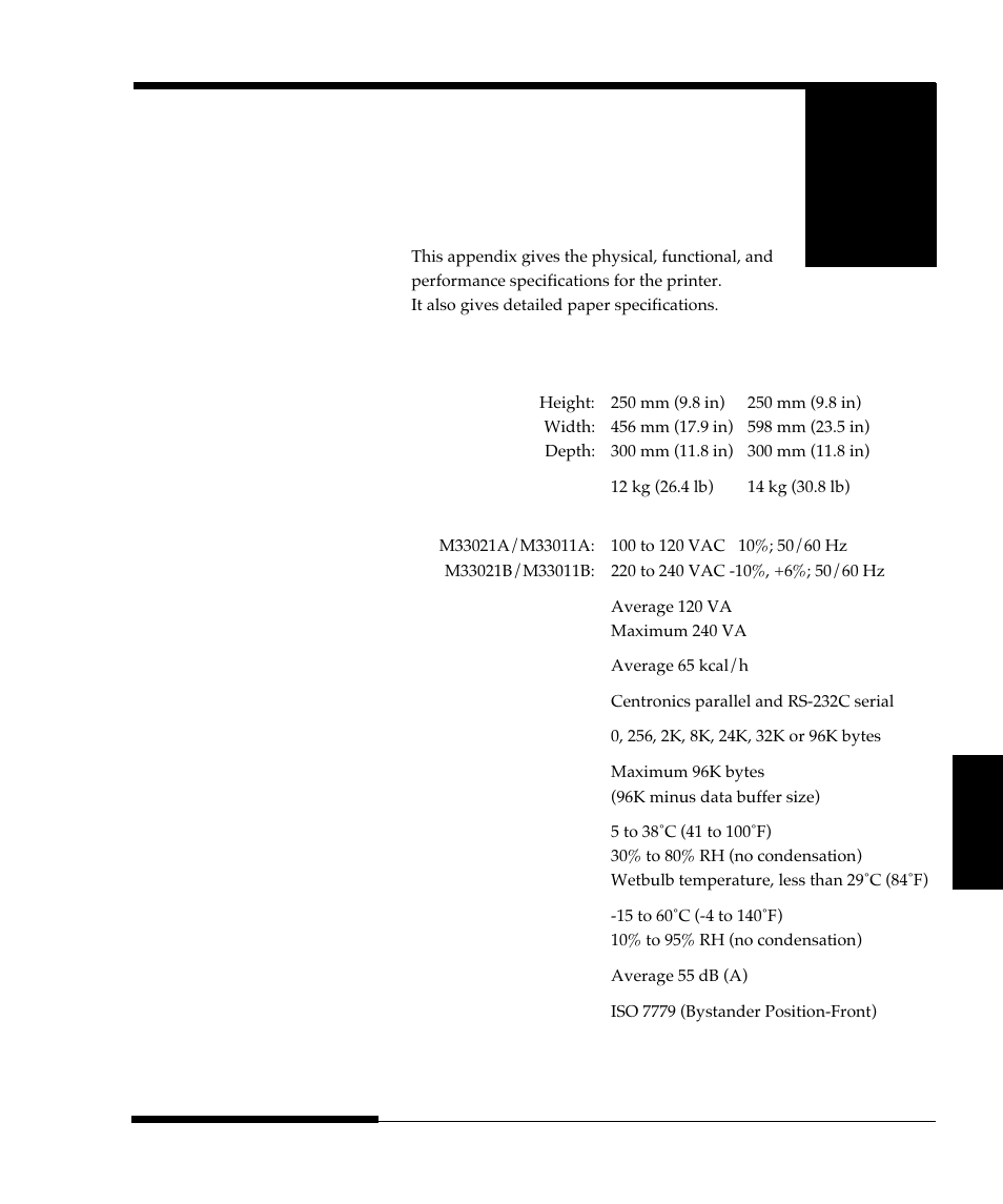 Appendix b printer and paper specifications, Physical specifications | FUJITSU DL9300 User Manual | Page 168 / 250