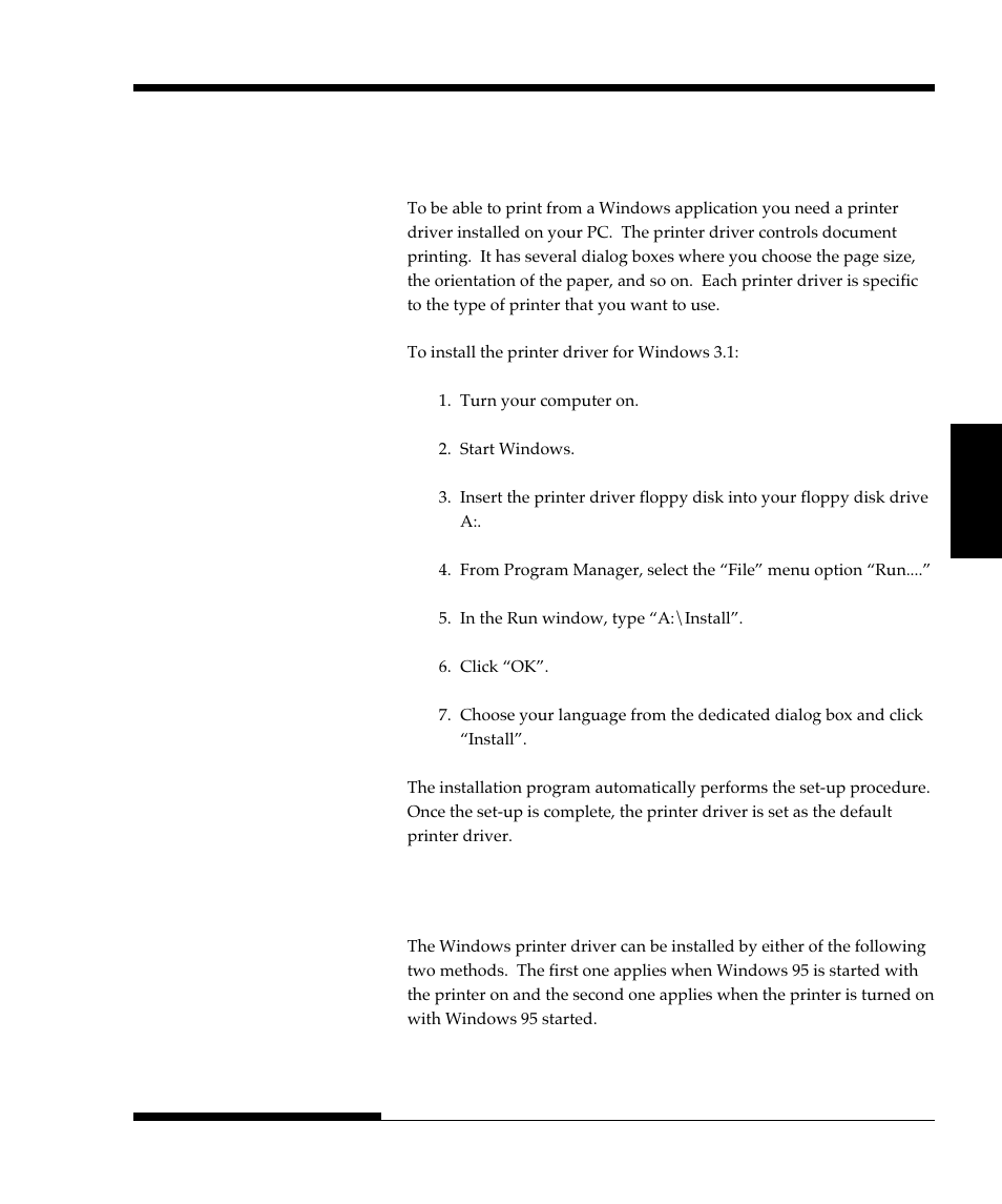 Installing the printer driver, Installing the printer driver for windows 3.1, Installing the printer driver for windows® 95 | FUJITSU DL9300 User Manual | Page 44 / 250