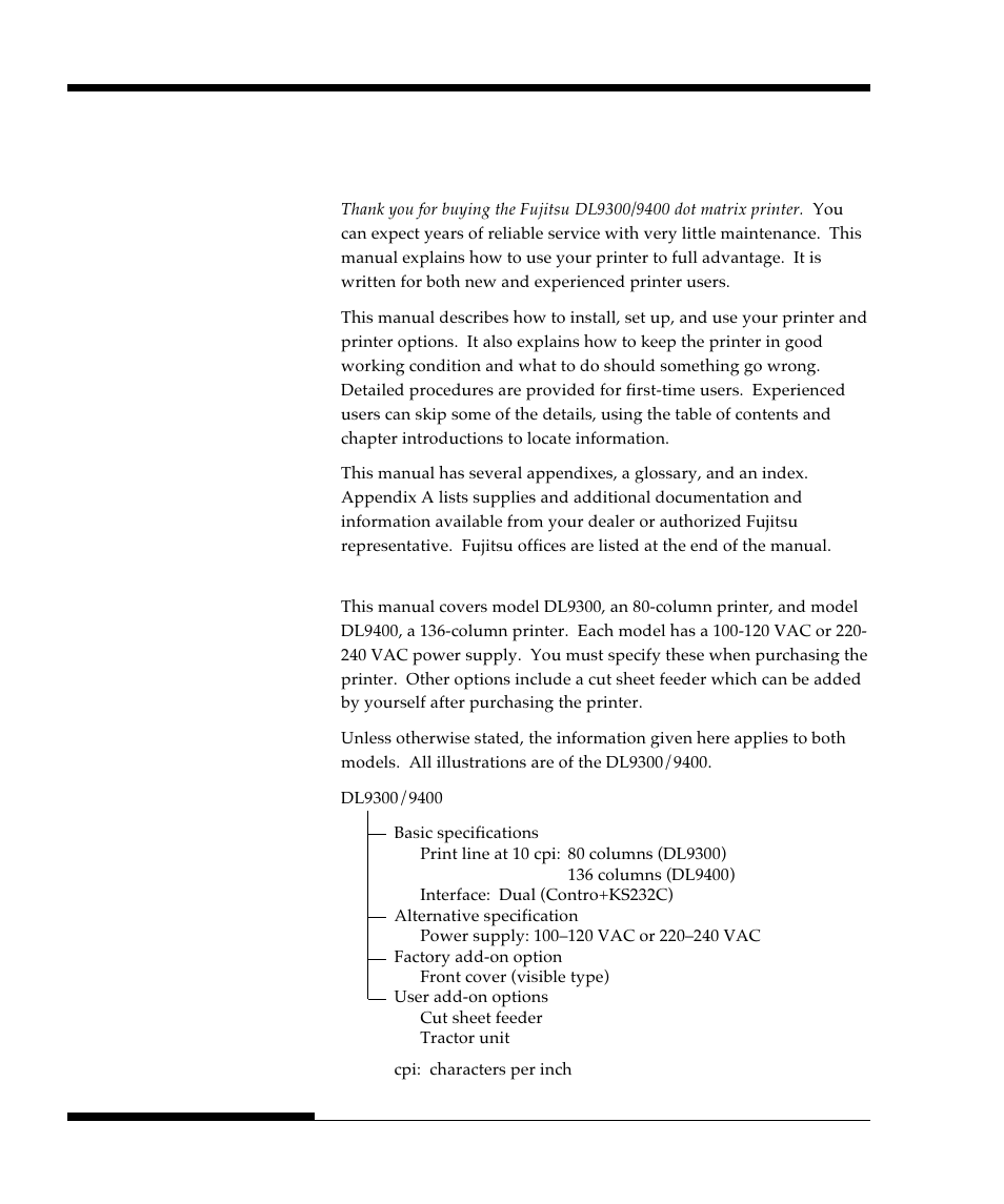 About this manual, Printer models and options | FUJITSU DL9300 User Manual | Page 5 / 250