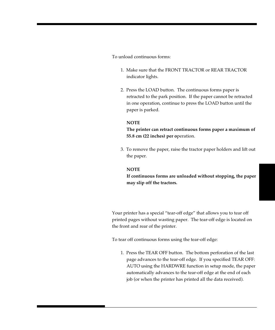 Unloading continuous forms, Tearing off continuous forms | FUJITSU DL9300 User Manual | Page 80 / 250