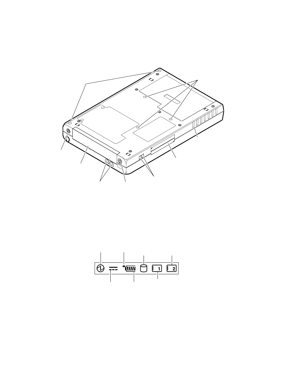 Stylistic 1200 pen tablet features (rear view), Status display, Status display icons | Status display 1 | FUJITSU 1200 User Manual | Page 10 / 38