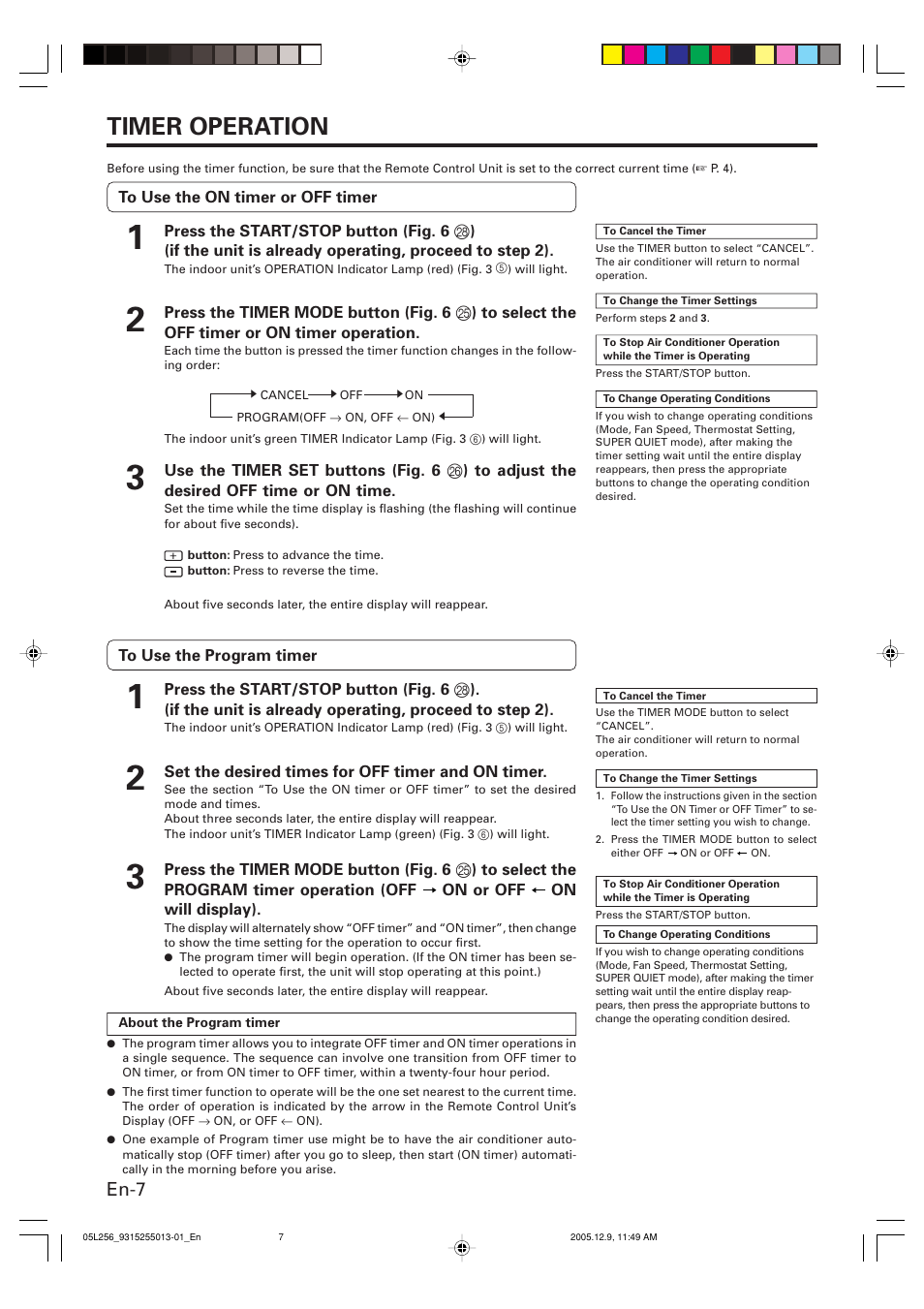 Timer operation, En-7 | FUJITSU AOU18RL User Manual | Page 10 / 19