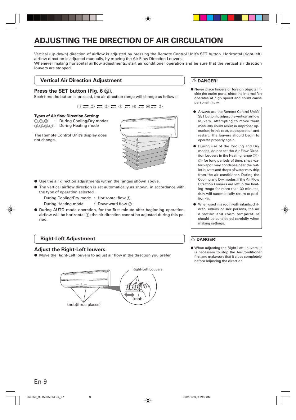 Adjusting the direction of air circulation, En-9 | FUJITSU AOU18RL User Manual | Page 12 / 19
