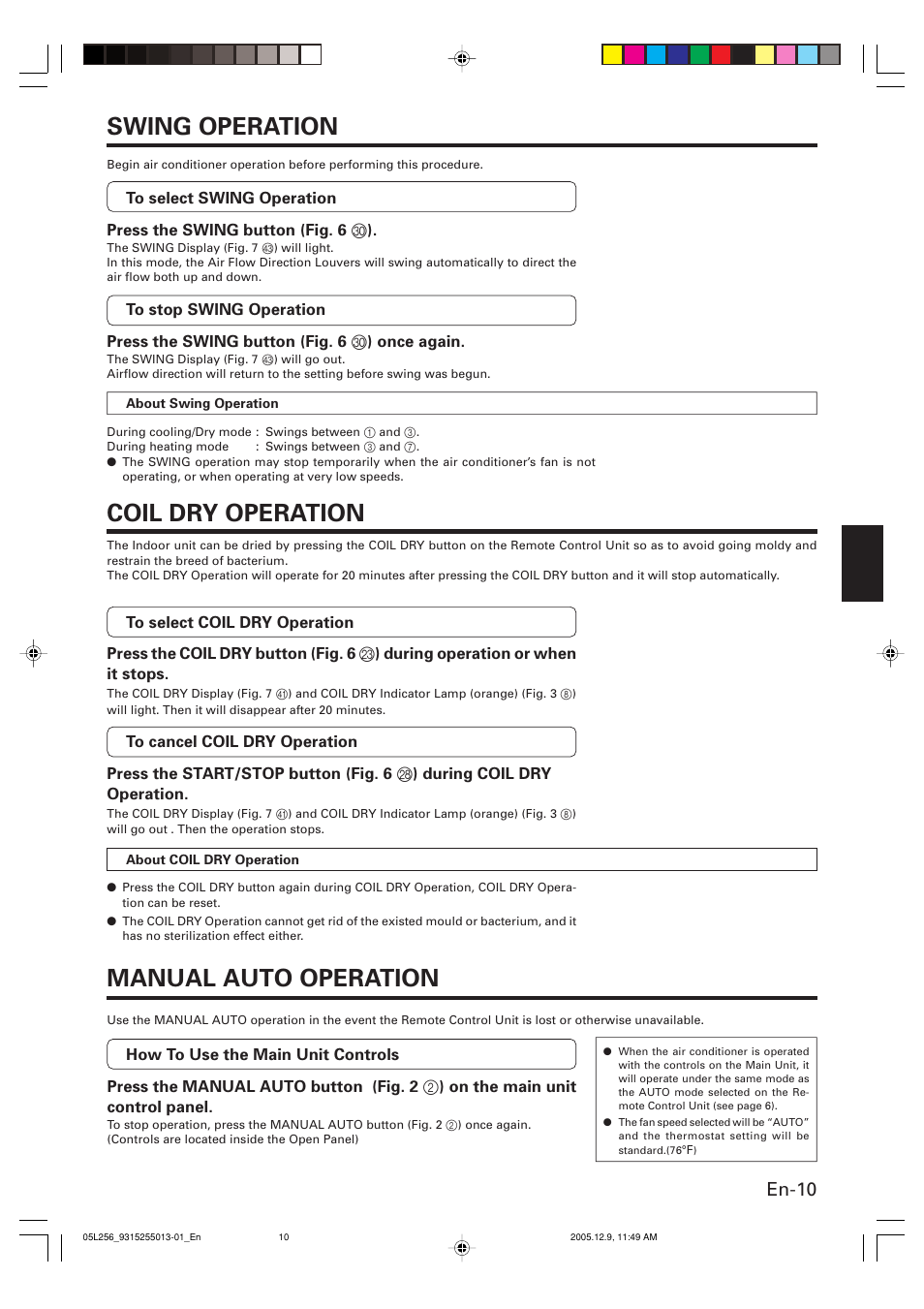 Swing operation manual auto operation, Coil dry operation, En-10 | FUJITSU AOU18RL User Manual | Page 13 / 19