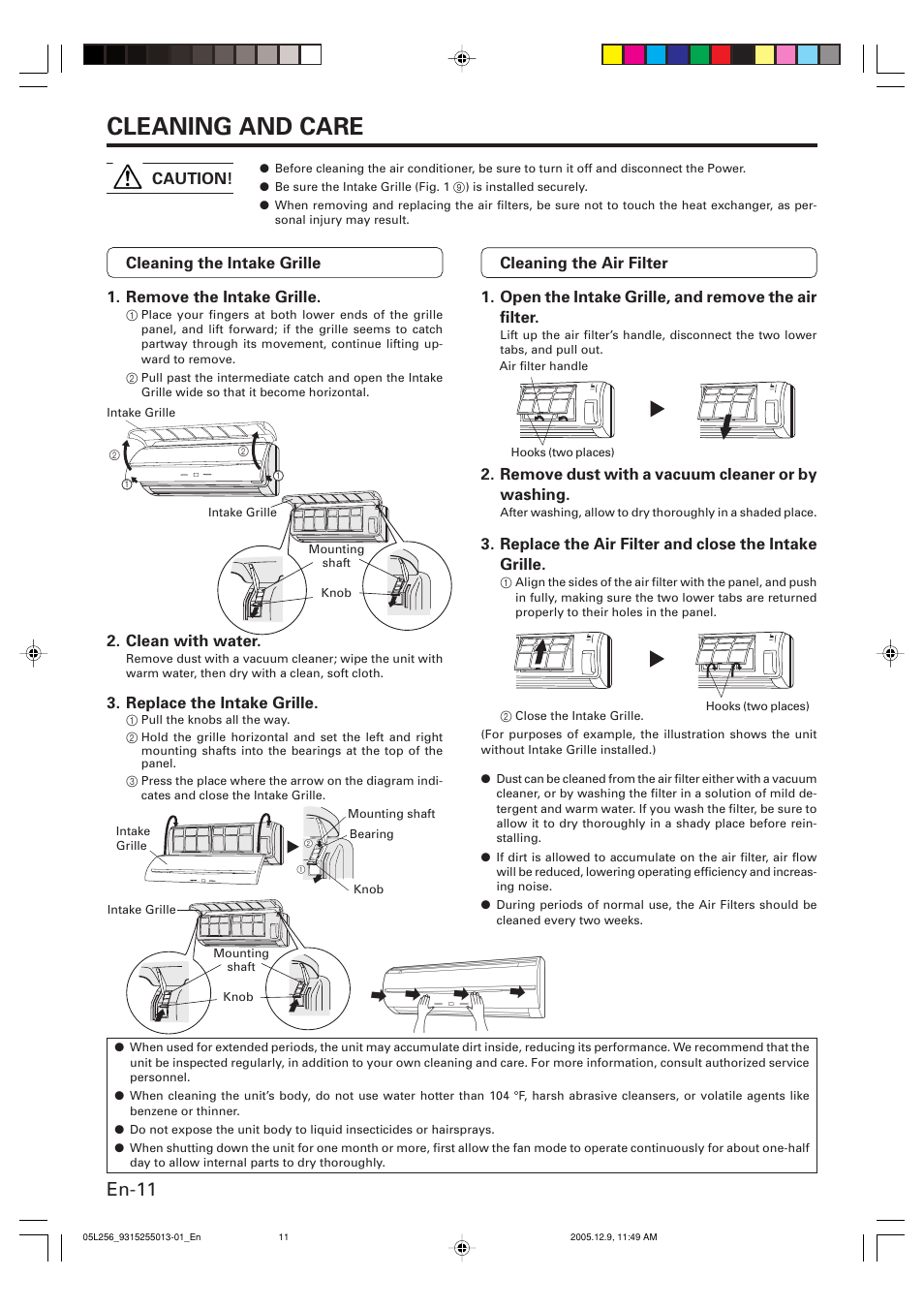 Cleaning and care, En-11 | FUJITSU AOU18RL User Manual | Page 14 / 19