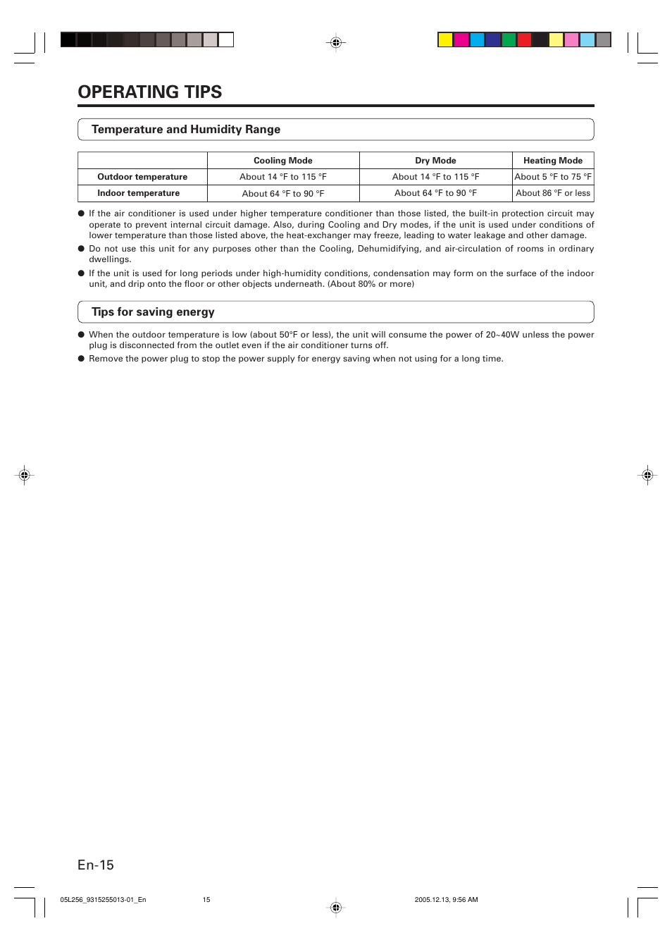 Operating tips, En-15 | FUJITSU AOU18RL User Manual | Page 18 / 19