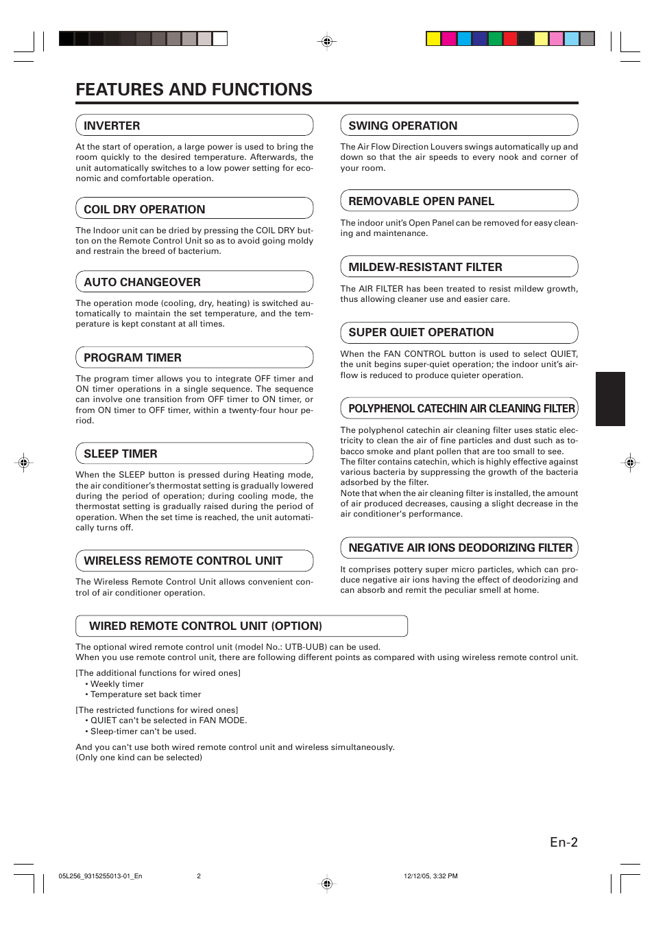 Features and functions, En-2 | FUJITSU AOU18RL User Manual | Page 5 / 19