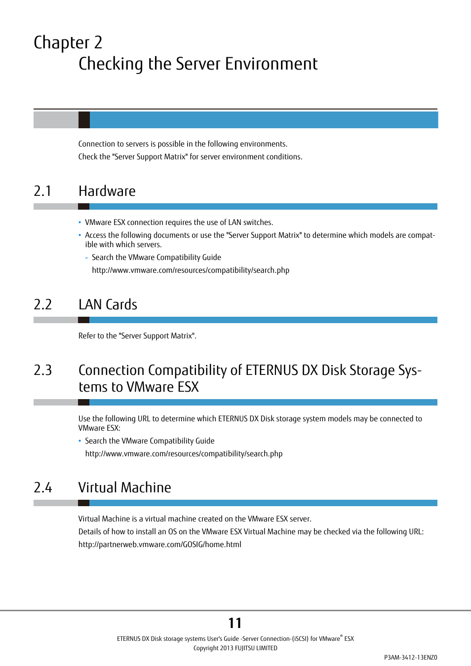 Chapter 2 checking the server environment, 1 hardware, 2 lan cards | 4 virtual machine | FUJITSU Eturneus Disk Storage System (ISCSI) for VMware ESX User Manual | Page 11 / 42