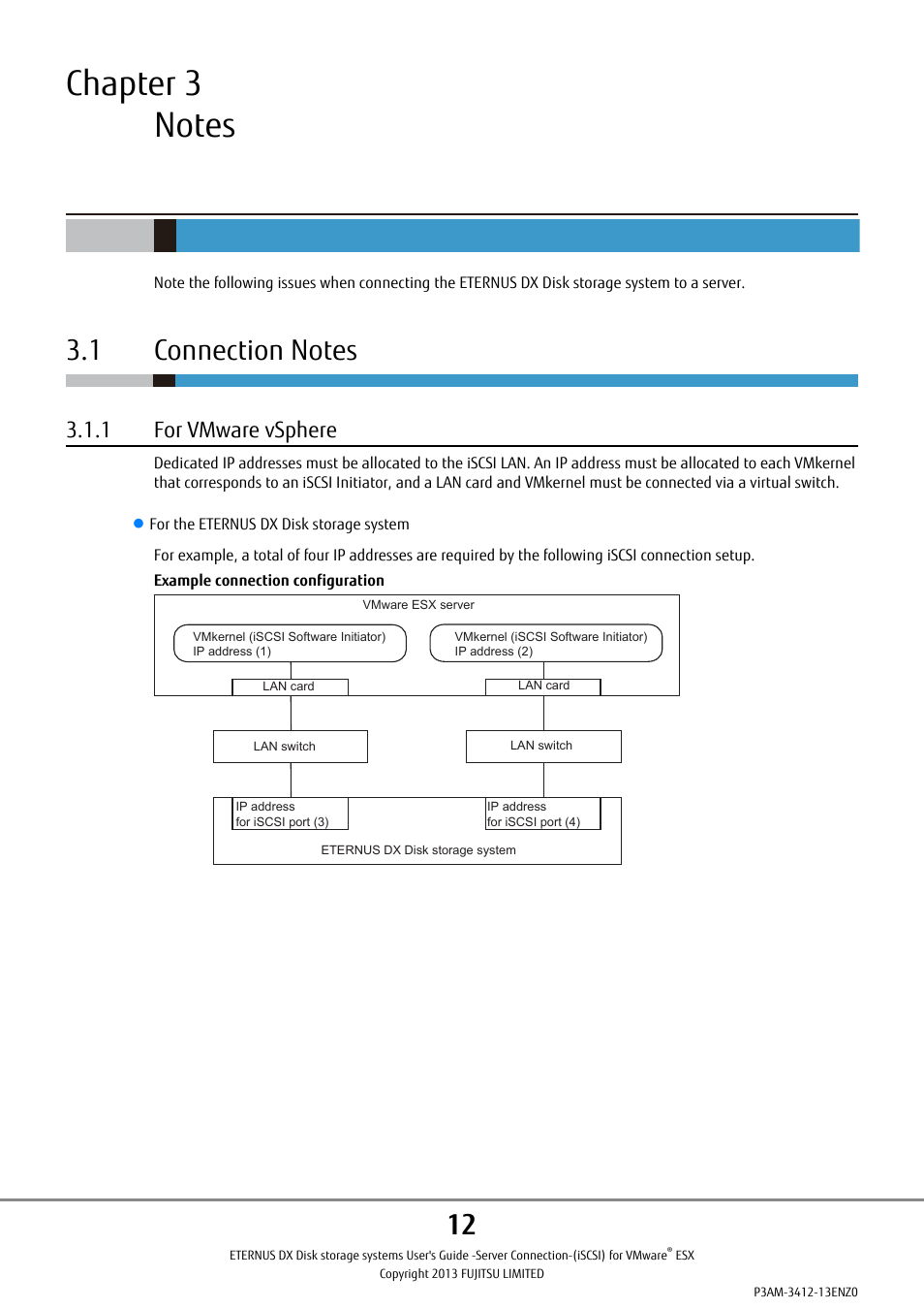 Chapter 3 notes, 1 connection notes, 1 for vmware vsphere | FUJITSU Eturneus Disk Storage System (ISCSI) for VMware ESX User Manual | Page 12 / 42