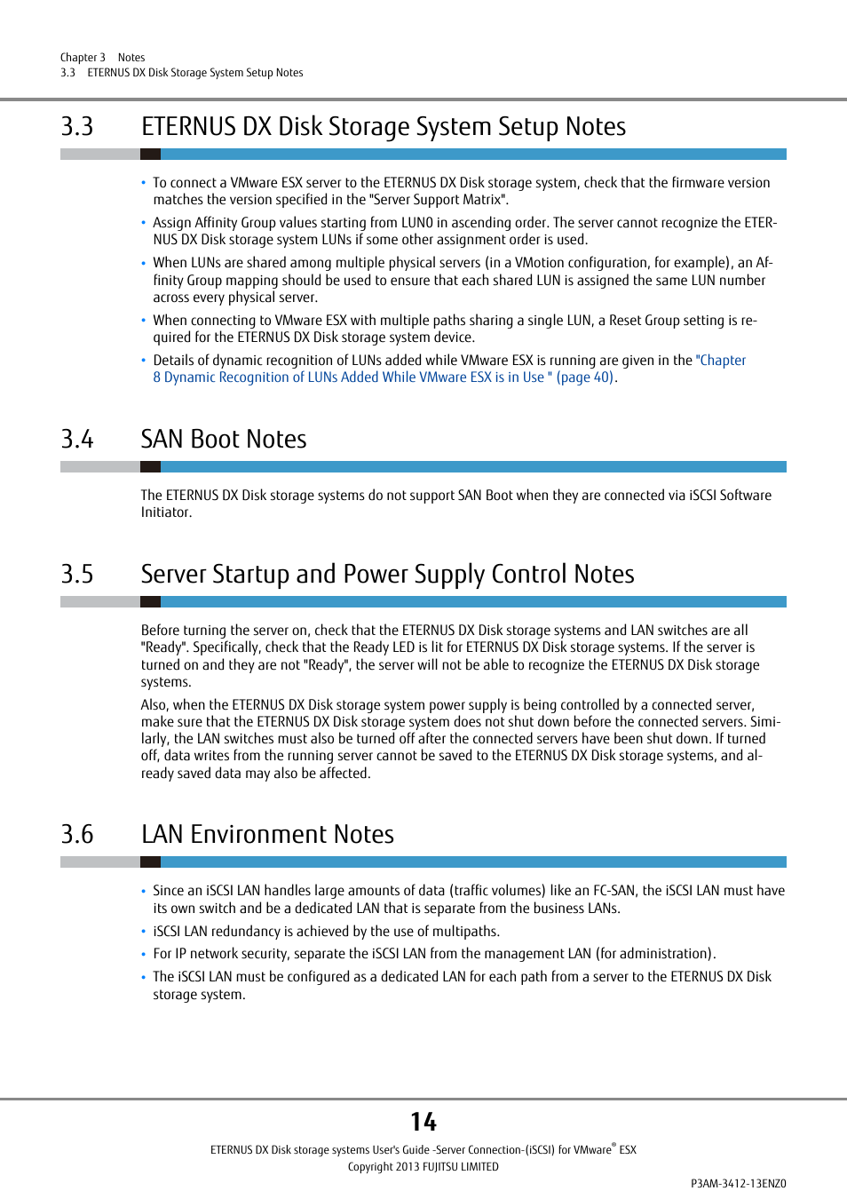 3 eternus dx disk storage system setup notes, 4 san boot notes, 5 server startup and power supply control notes | 6 lan environment notes | FUJITSU Eturneus Disk Storage System (ISCSI) for VMware ESX User Manual | Page 14 / 42